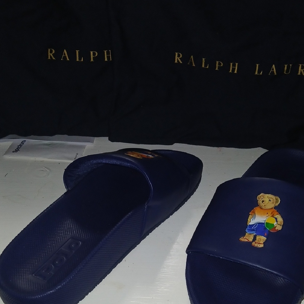 Ralph Lauren Blue Slides with Bear Motif